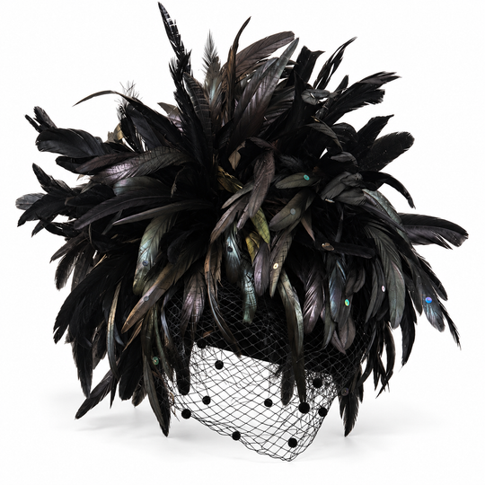 Whittall &amp; Shon Schwarzer Kakadu-Fascinator mit Feder und Kristallbesatz