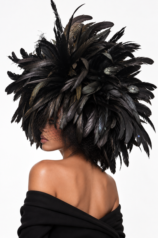 Whittall &amp; Shon Schwarzer Kakadu-Fascinator mit Feder und Kristallbesatz