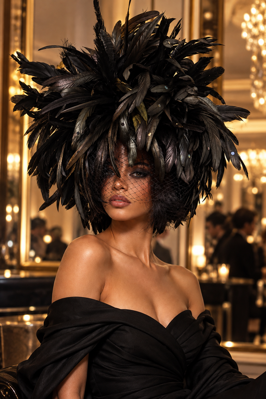 Whittall &amp; Shon Schwarzer Kakadu-Fascinator mit Feder und Kristallbesatz
