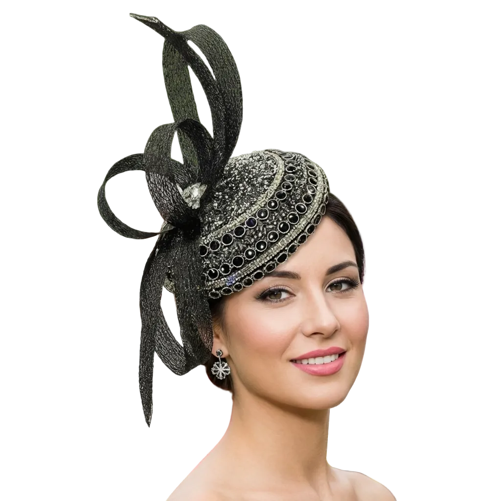 Woman wearing a decorative black hat with a blurred outdoor background