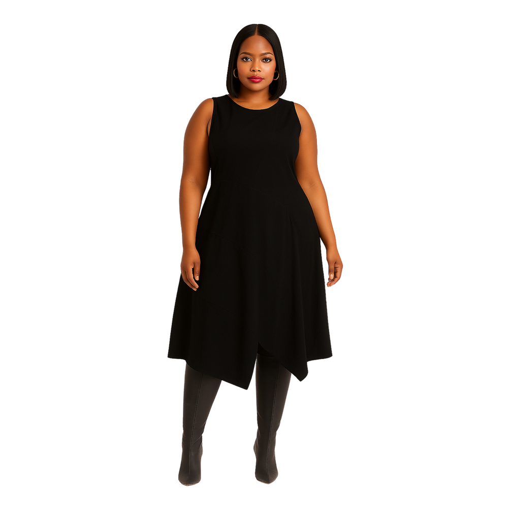 Asymmetric White Cotton Dress Sleeveless A-Line by Mat Fashion Medium / Black Asymmetric White Cotton Dress Sleeveless A-Line by Mat Fashion Medium / Black