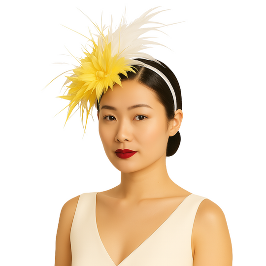 Yellow and White Feather Fascinator on White Headband