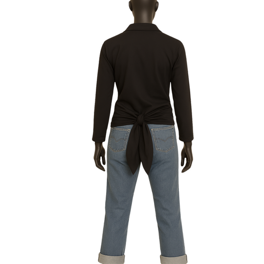 Mannequin wearing a black long-sleeve top and blue jeans on a white background