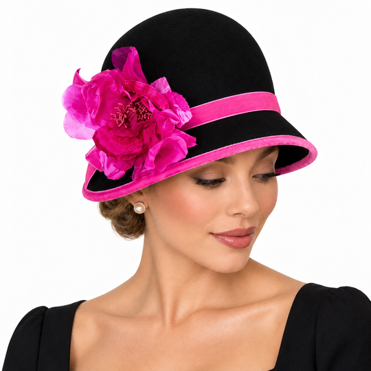 Black &amp; Pink Cloche Hat with Silk &amp; Velvet Trim