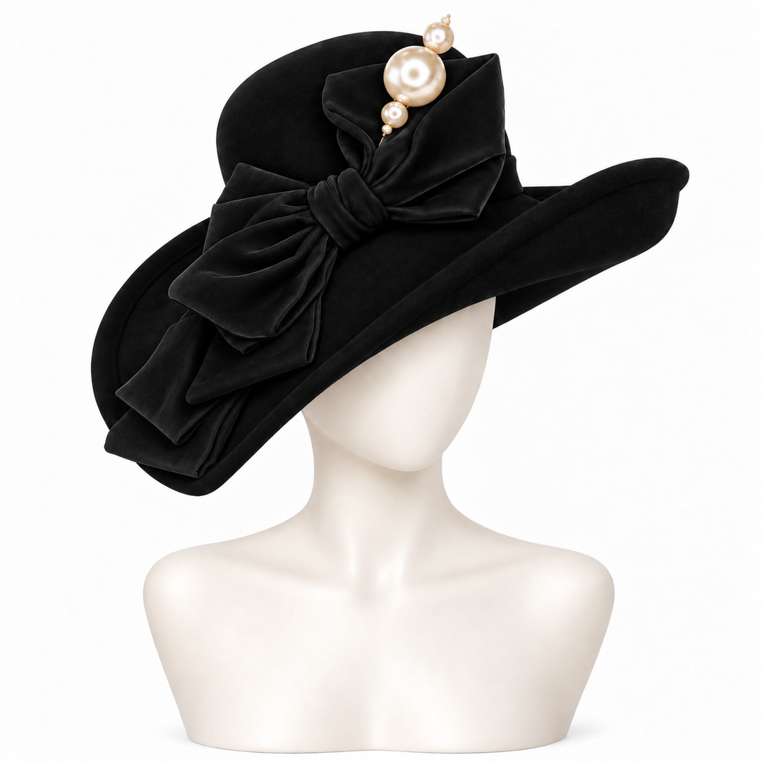 Black Wool Hat with Black Bow and Pearl Trim