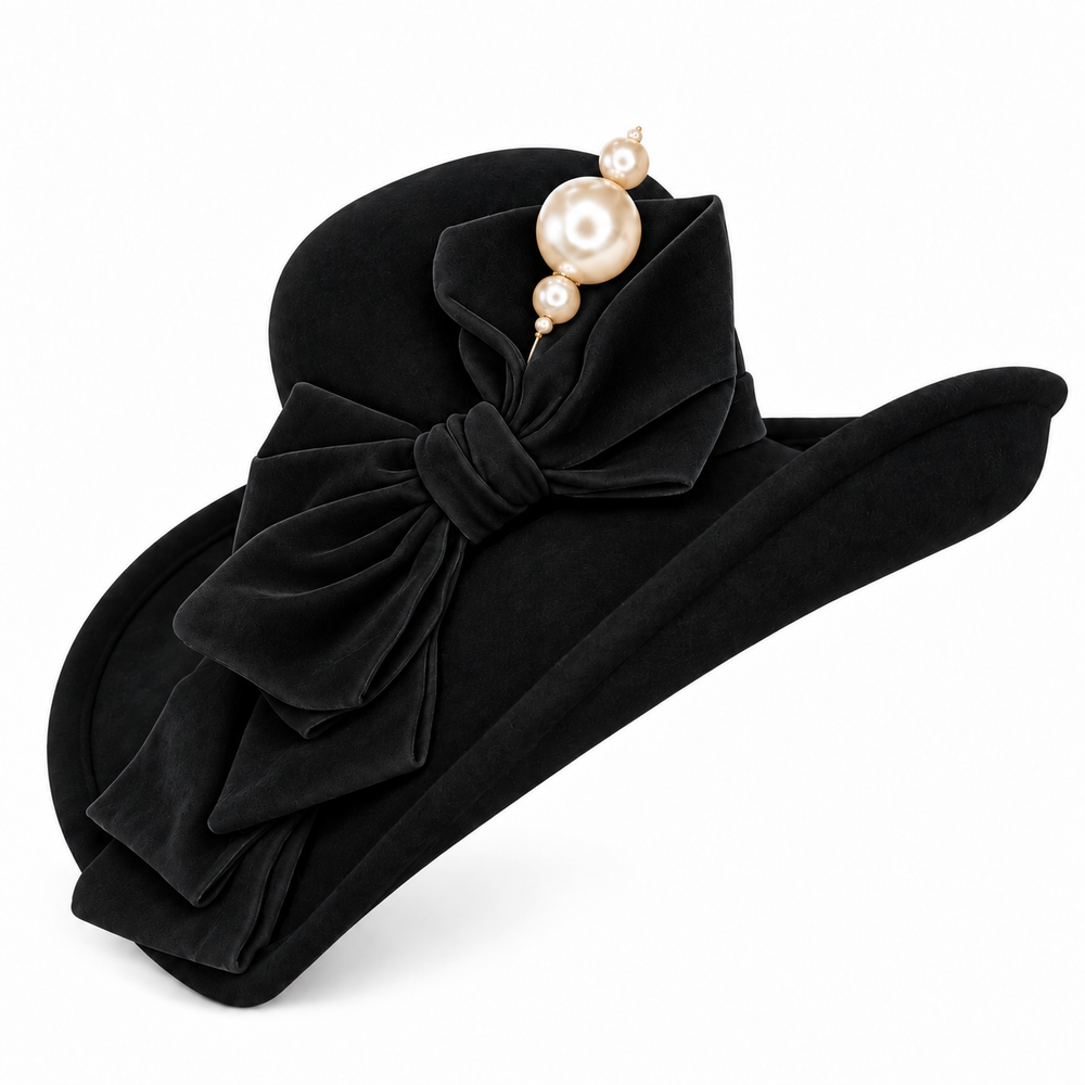 Black Wool Hat with Black Bow and Pearl Trim