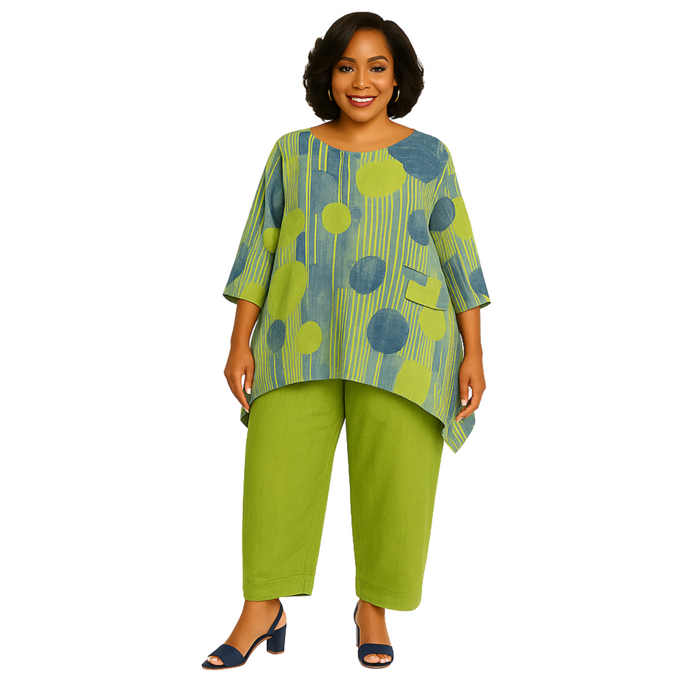 Limettengrün & Marine 2-teiliges Set – Abstrakte Tunika und Leinenhose