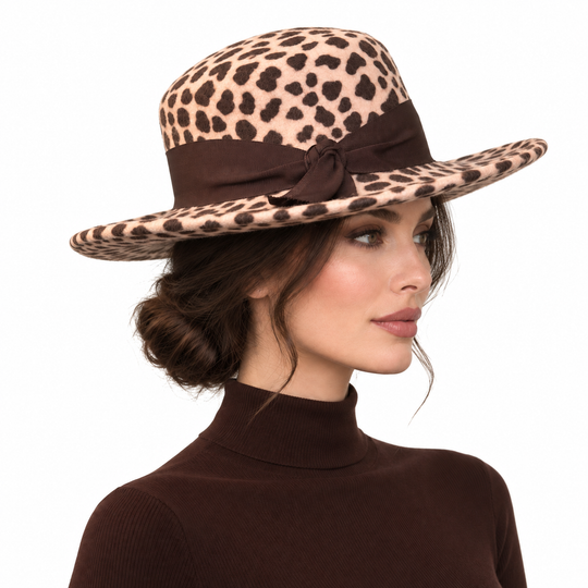 Sombrero con estampado de leopardo y ala media vuelta con ribete de plumas