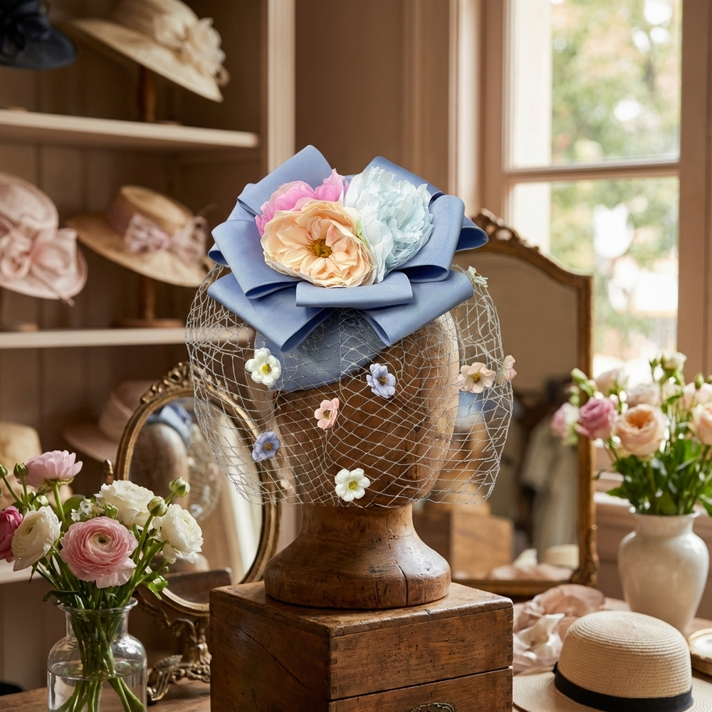 Tocado de velo de flores CACHE de Whittall &amp; Shon, azul marino con flor rosa