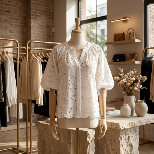 Mannequin wearing a white blouse in a clothing store setting with shelves and decor.