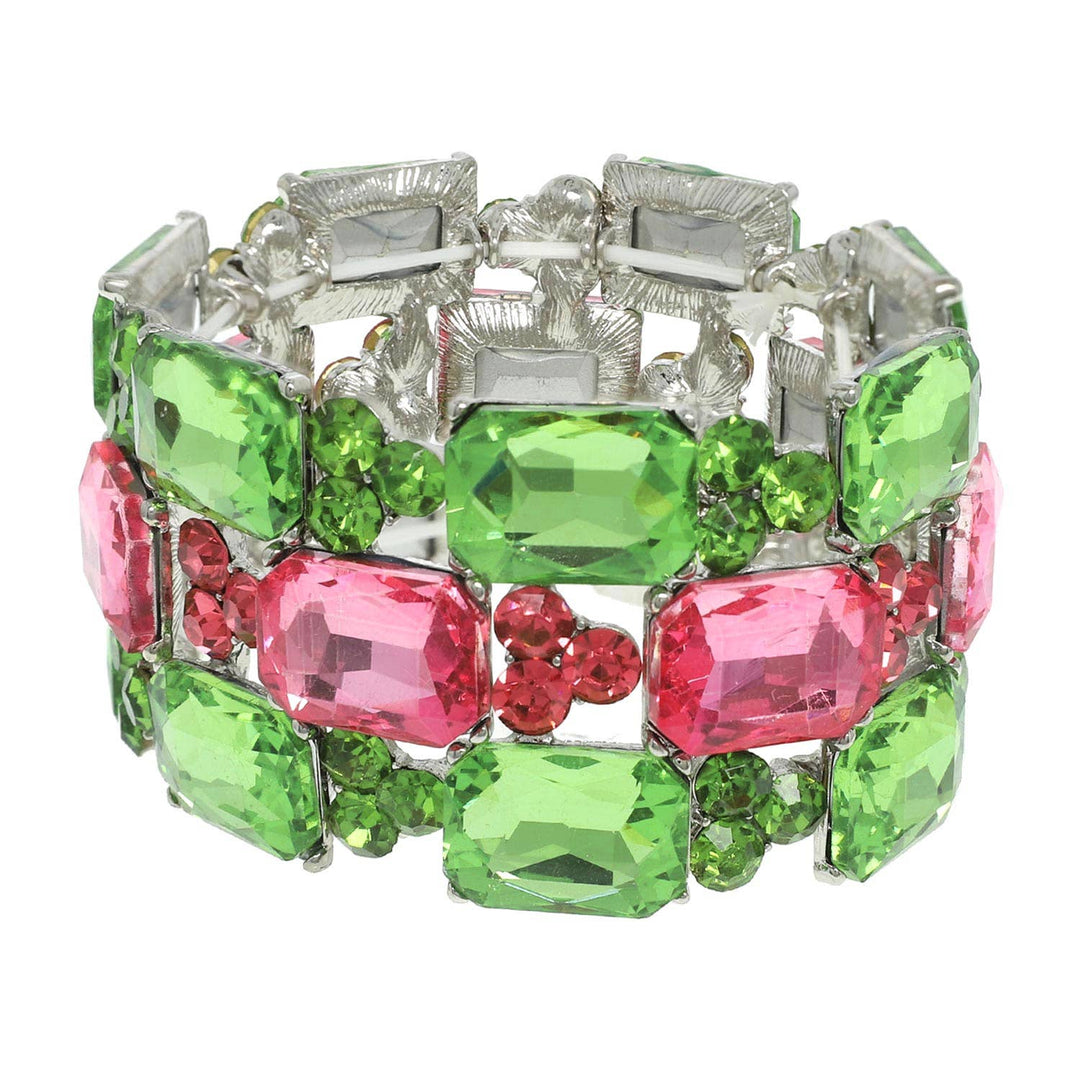 A bracelet with a 3-row rectangle cut featuring green and pink crystals, with a silver-tone adjustable clasp.