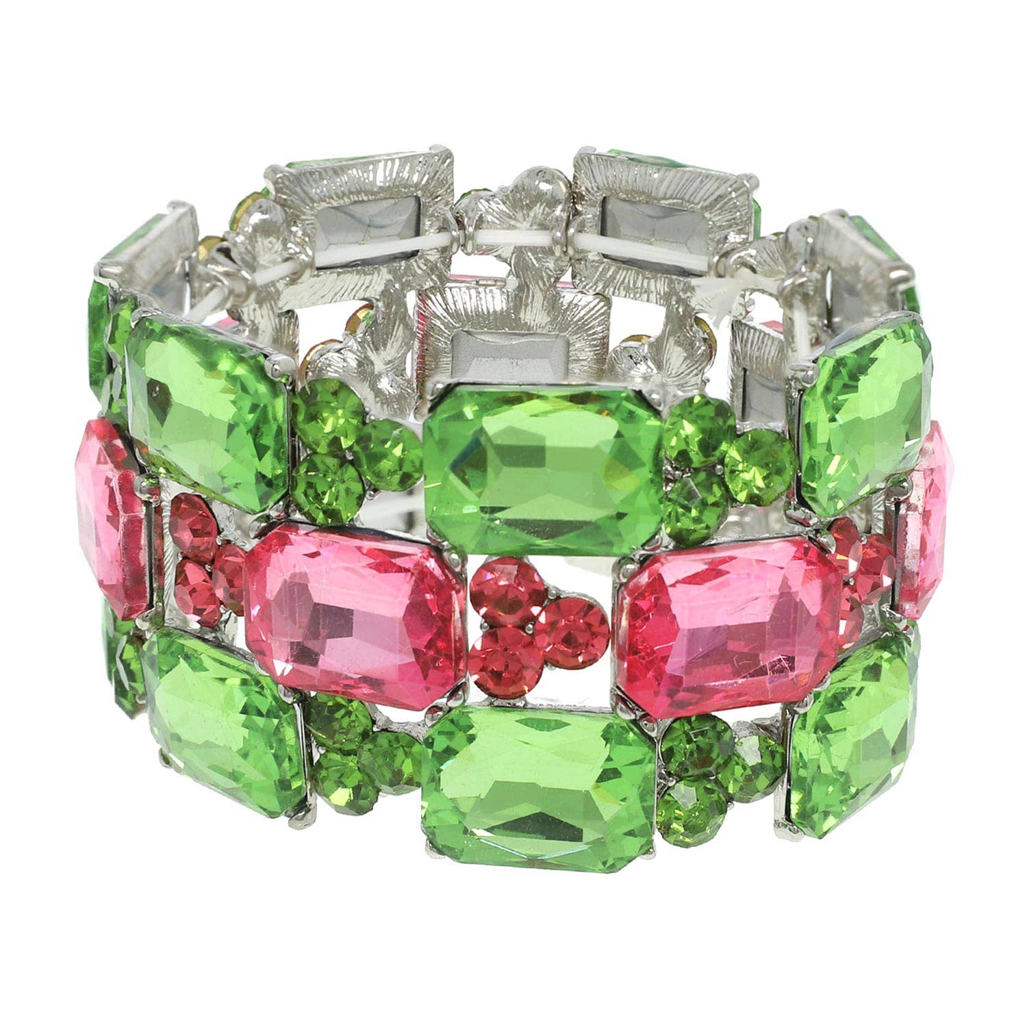 A bracelet with a 3-row rectangle cut featuring green and pink crystals, with a silver-tone adjustable clasp.