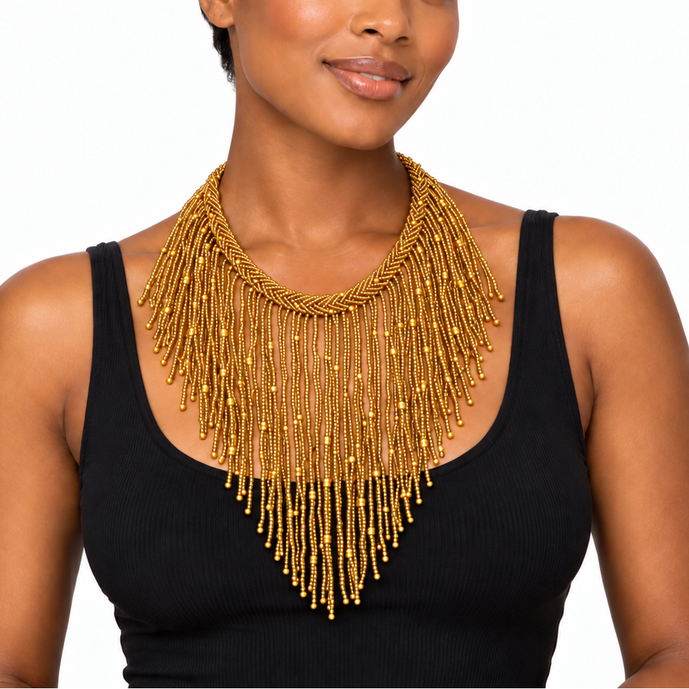 African Beaded Fringe Necklace: Gold