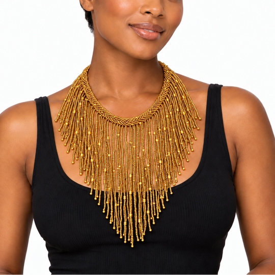 African Beaded Fringe Necklace: Gold