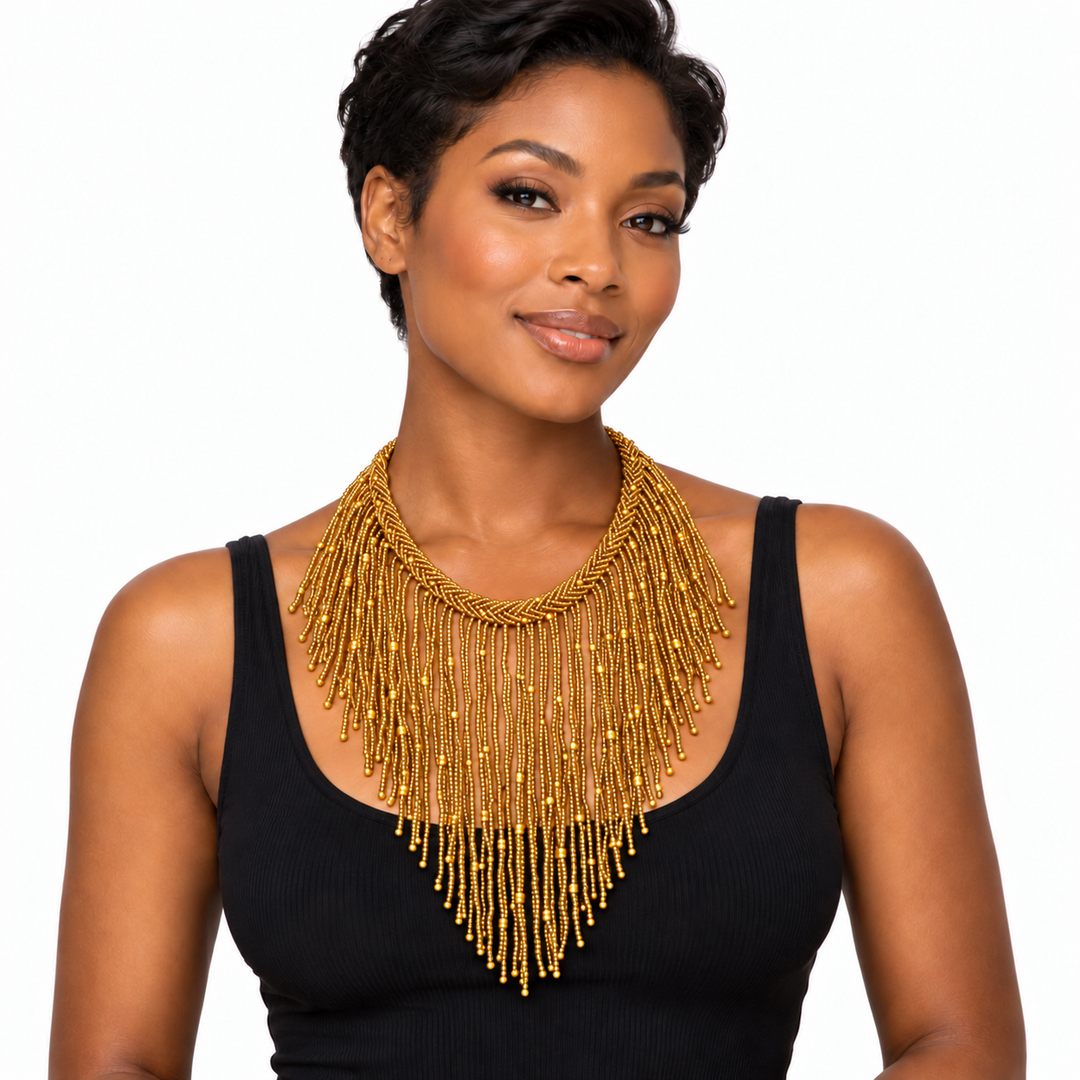 African Beaded Fringe Necklace: Gold