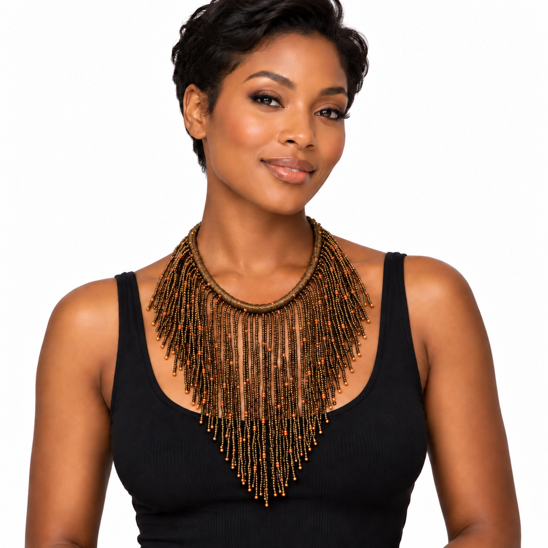 African Beaded Fringe Necklace: Bronze