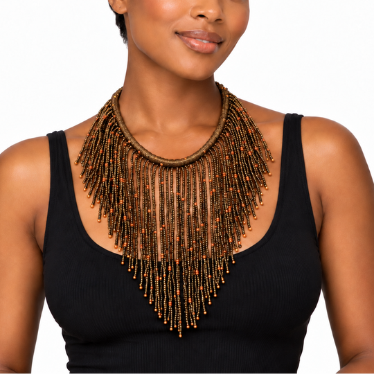 African Beaded Fringe Necklace: Bronze