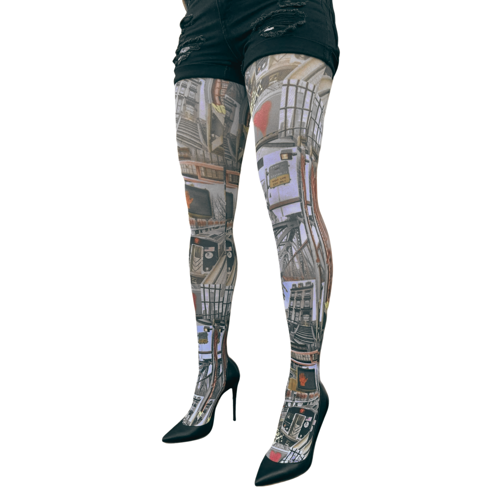 Tights with a cityscape pattern worn by a person on a white background