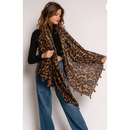 Brown Leopard Cotton Blend Scarf w/tassels