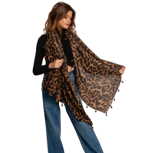 Brown Leopard Cotton Blend Scarf w/tassels