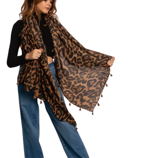 Brown Leopard Cotton Blend Scarf w/tassels