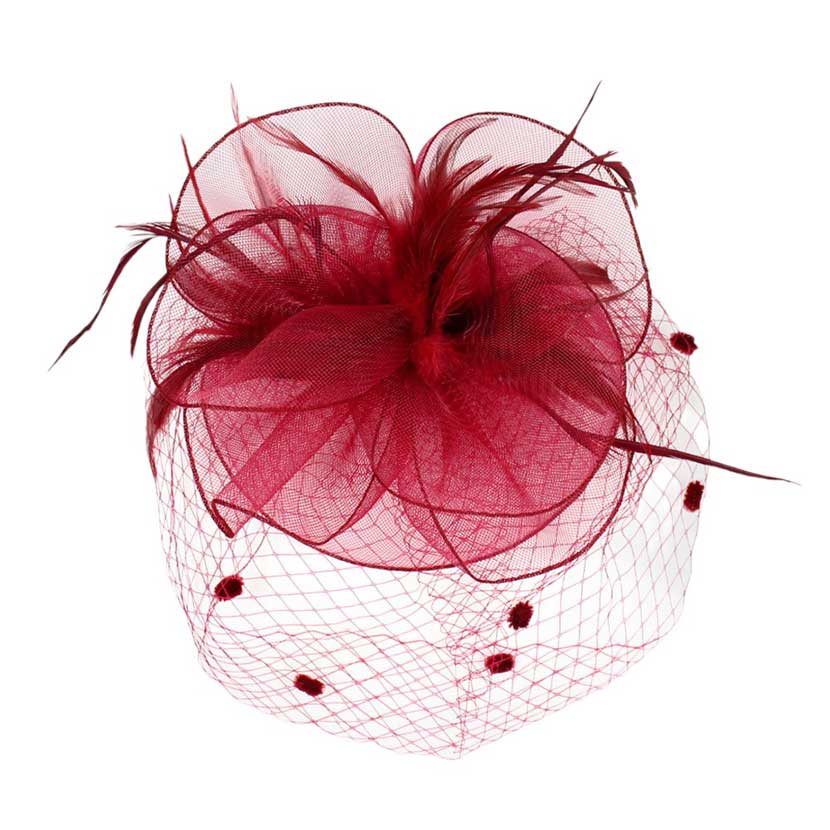 Feather Mesh Flower Fascinator Headband: Burgundy