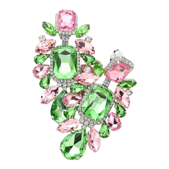 Rosa und Grüne Kristall-Tropfen-Pave Clip-Ohrringe