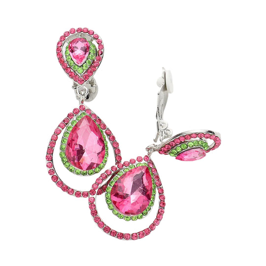 Pink and green teardrop earrings on a white background