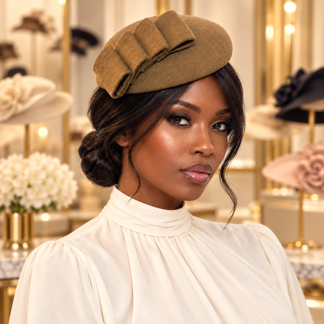 Khaki Wool Velour Sculptural Pillbox Hat