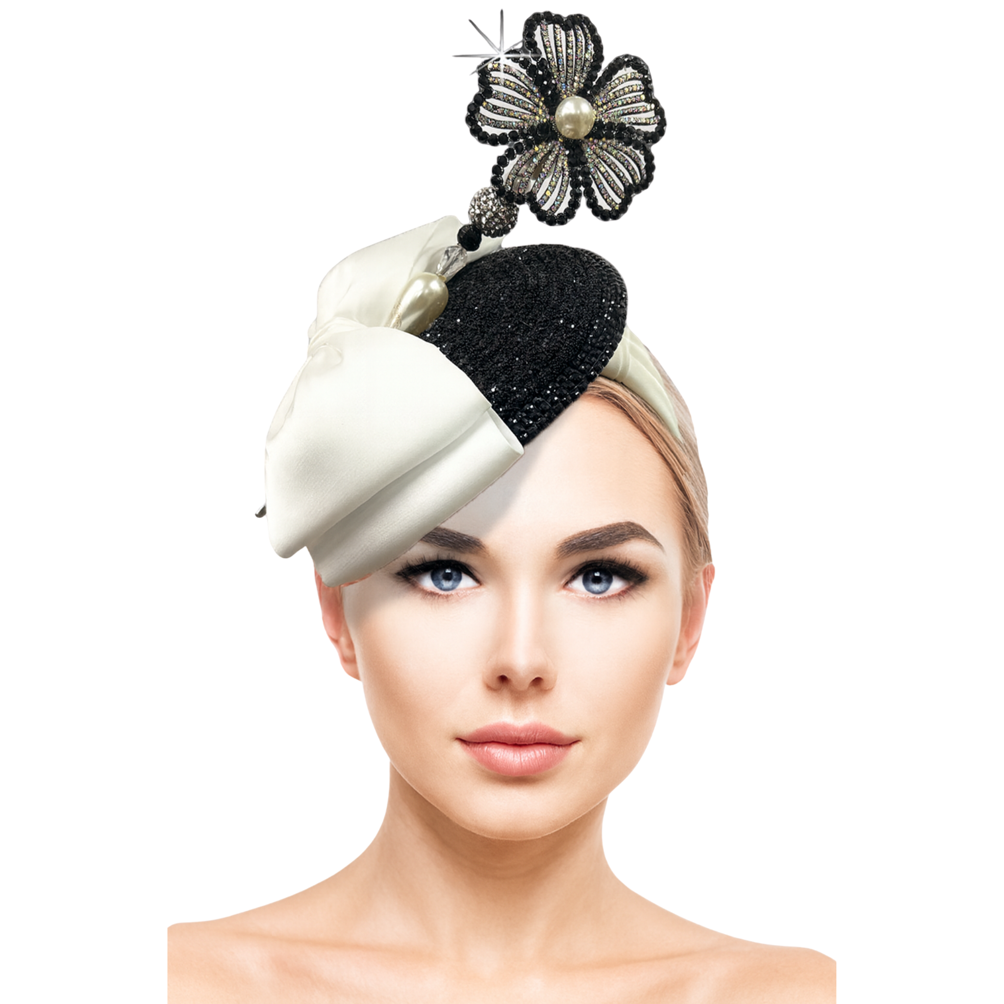 Woman wearing a decorative headpiece with a black and white design on a white background