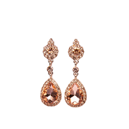 Rose gold teardrop earrings with clear gemstones on a white background