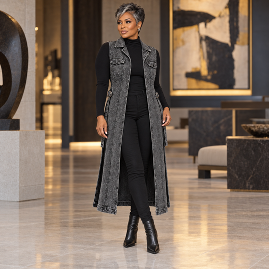A woman stands in a modern indoor lobby wearing a long charcoal gray textured denim-style vest over a black long-sleeve top, black pants, and black ankle boots.