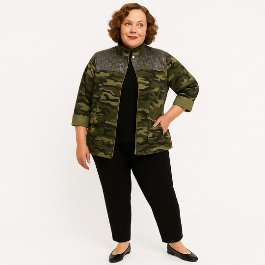 Woman wearing a green camouflage jacket on a white background