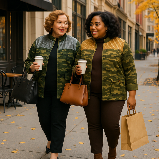 Two women walking on a city street, holding coffee cups and shopping bags.
