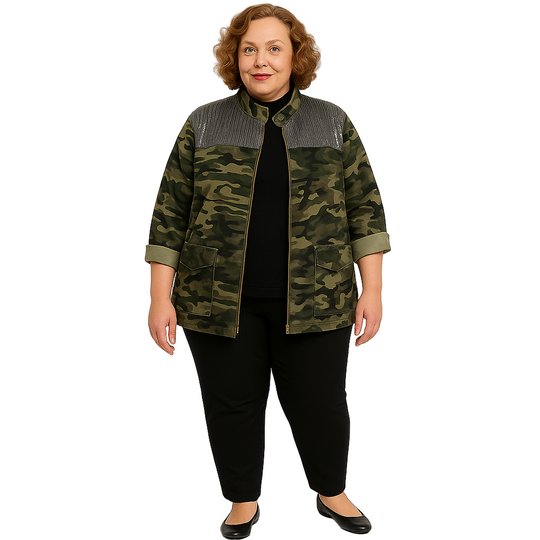 Woman wearing a camouflage jacket on a white background