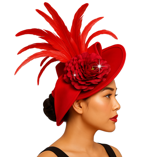 Felicity Red Fascinator with Satin Bow & Feather Bloom