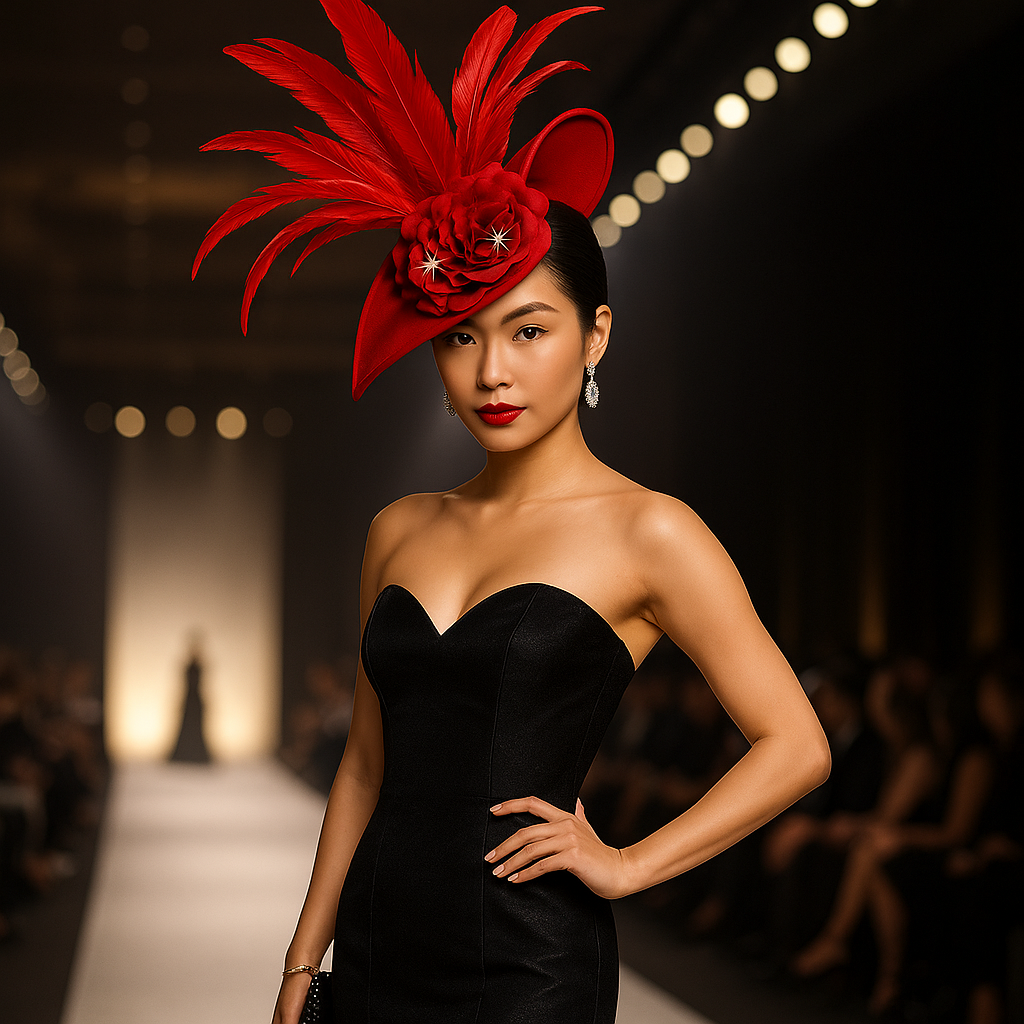 Felicity Red Fascinator with Satin Bow & Feather Bloom