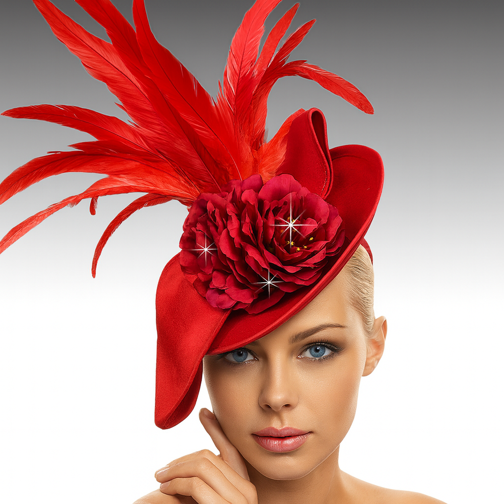 Felicity Red Fascinator with Satin Bow & Feather Bloom