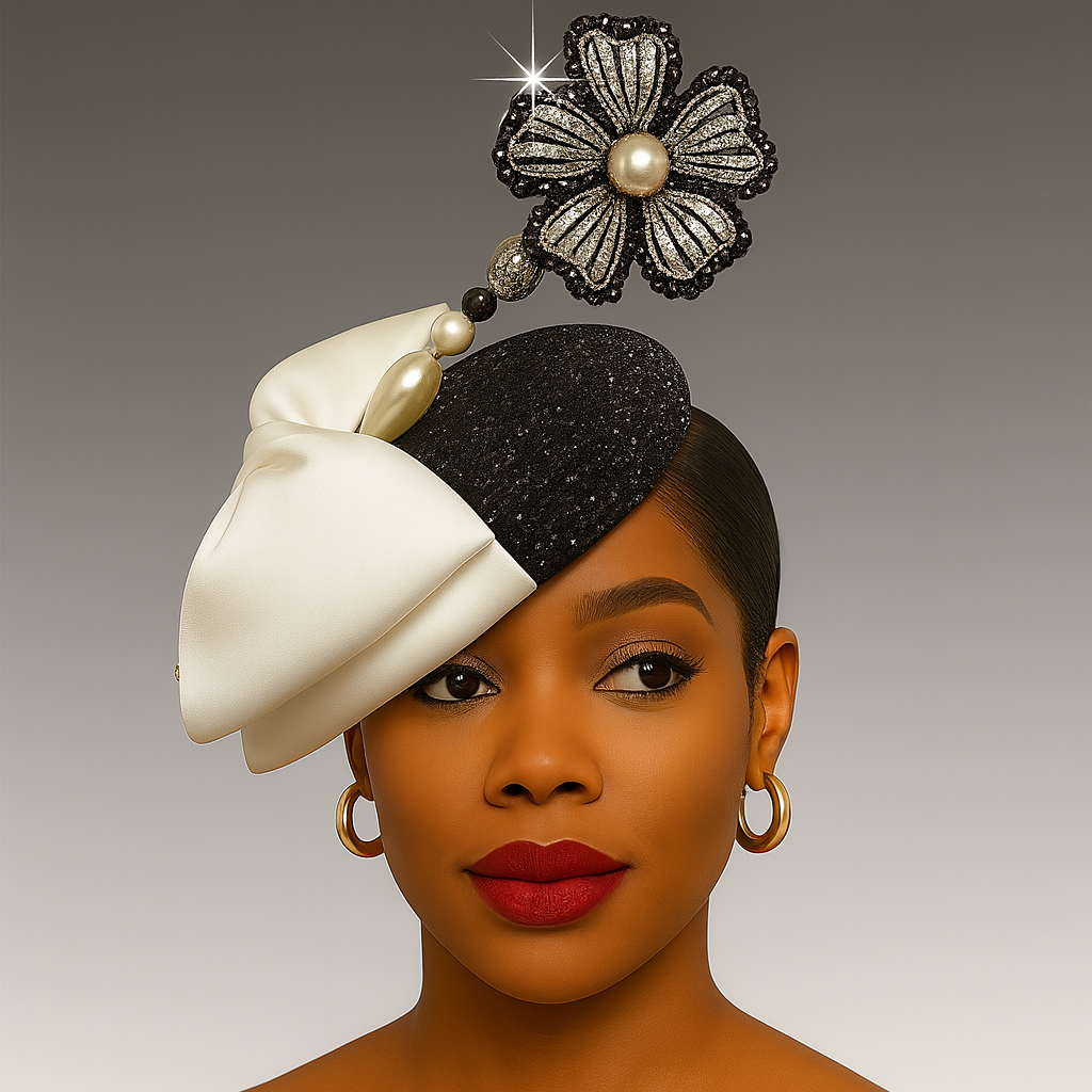 Woman wearing a decorative headpiece with black and white design on a gray background