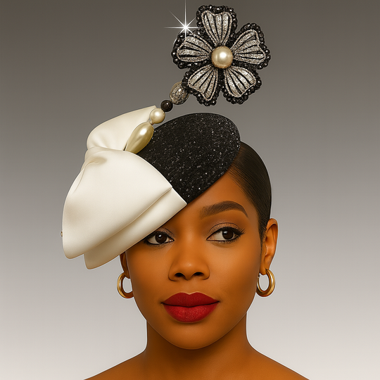 Woman wearing a decorative headpiece with black and white design on a gray background