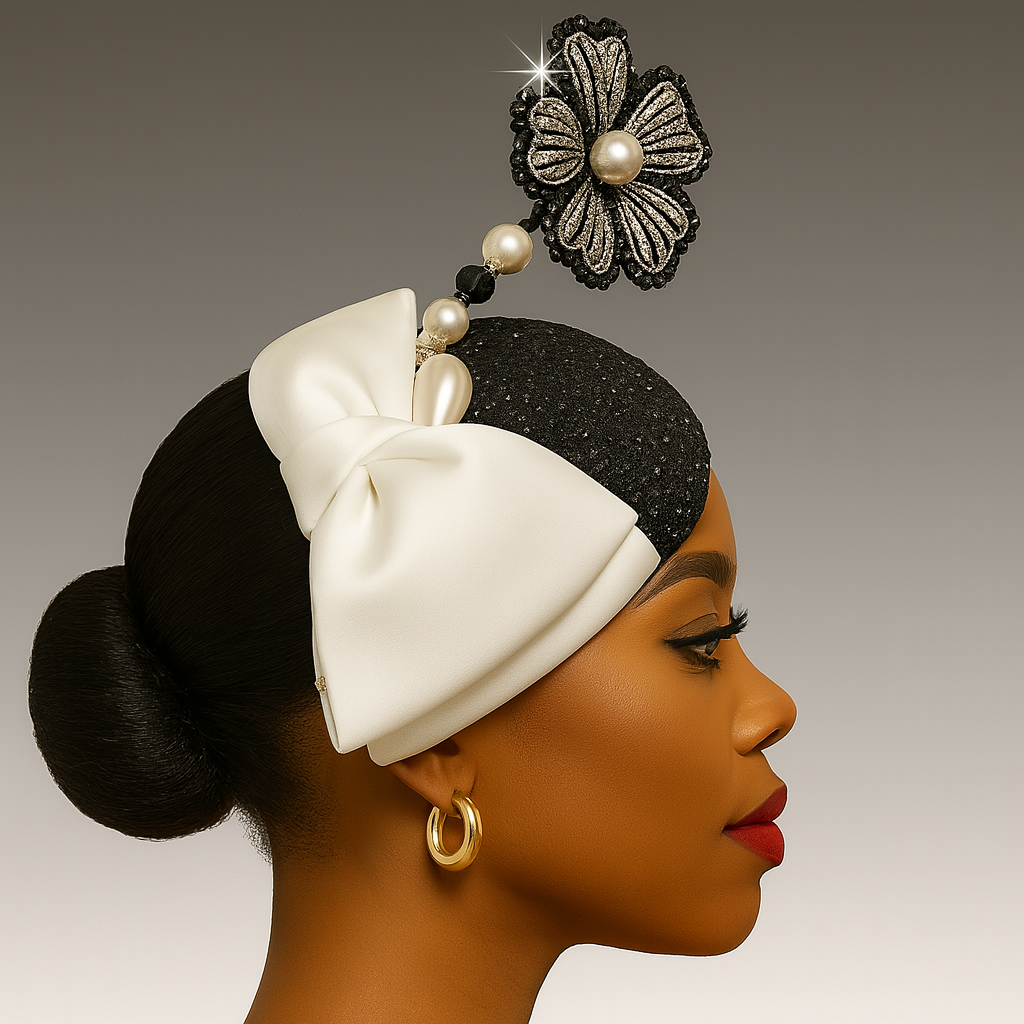Woman wearing a black and white headwrap with decorative elements on a neutral background