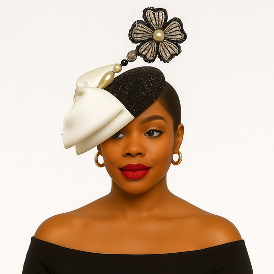 Woman wearing a decorative headpiece with a black and white design on a plain background