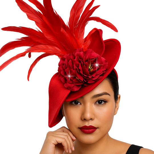Felicity Red Fascinator with Satin Bow & Feather Bloom