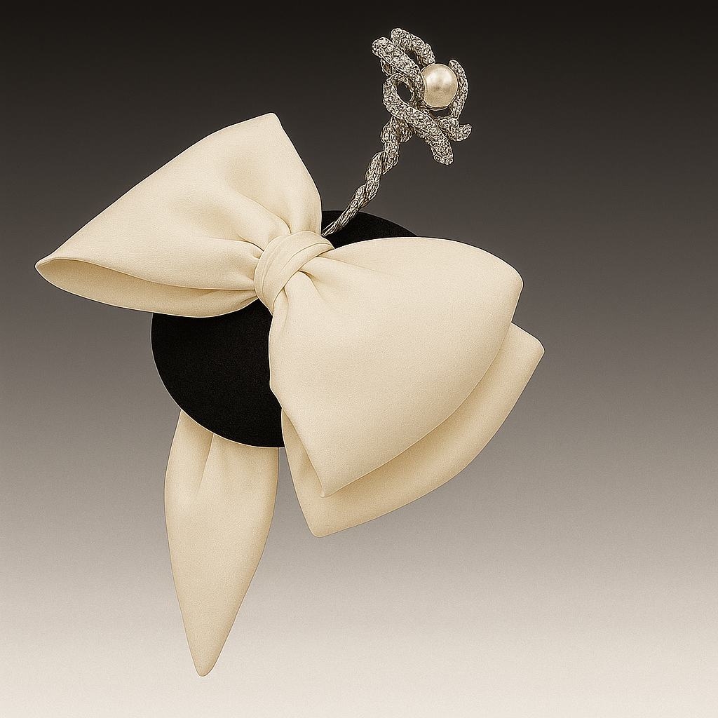 Decorative brooch with a large cream bow and black center on a gradient background