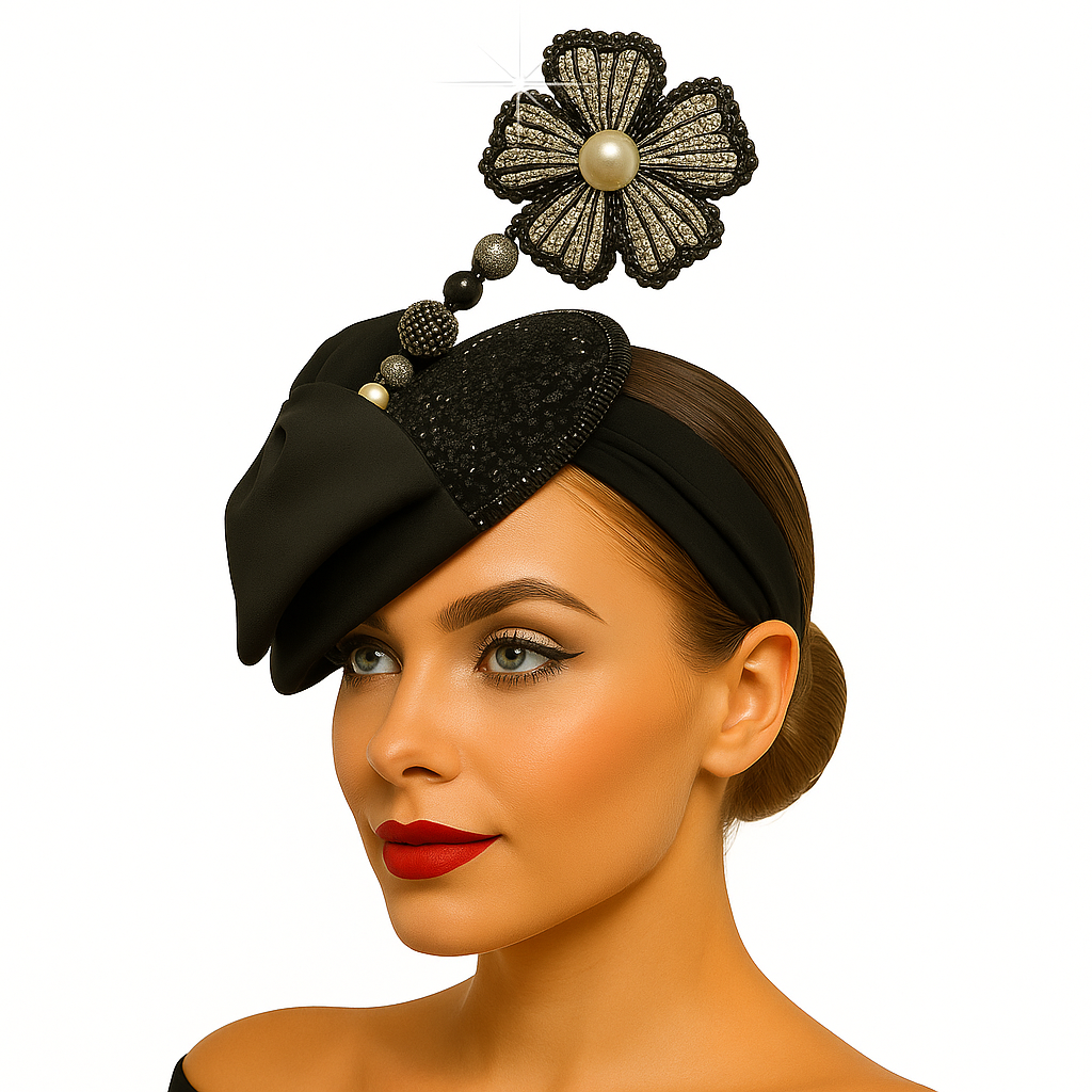 Woman wearing a black headpiece with decorative elements on a white background