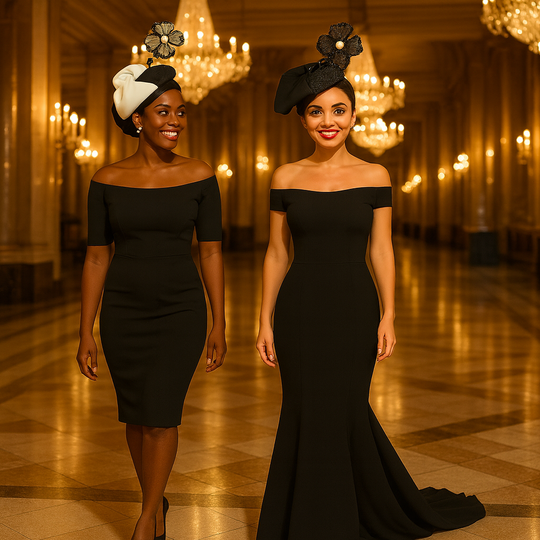 Two women in elegant black dresses with decorative hats in a grand hall with chandeliers.