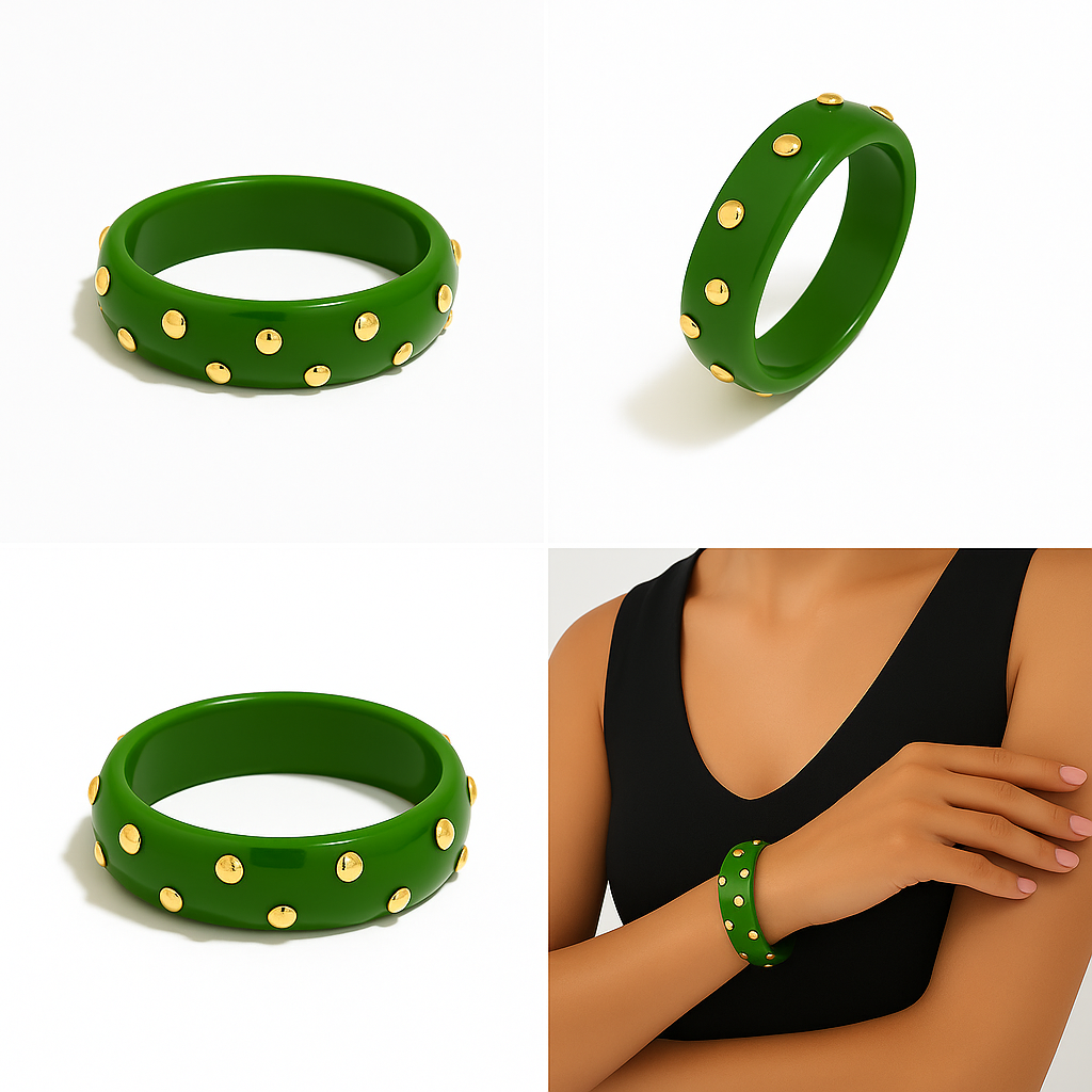 Green lucite studded bangle with gold-plated stainless steel studs – Le’ Diva Boutique