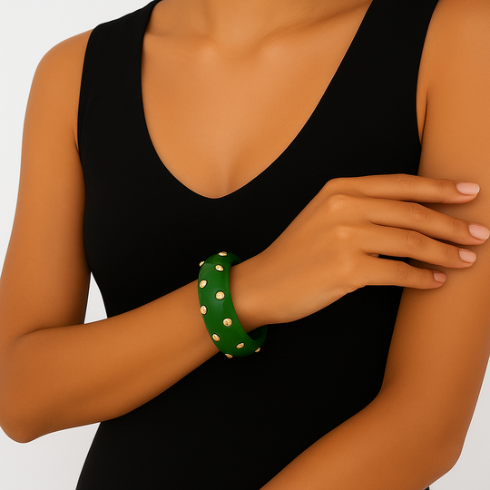Green lucite studded bangle with gold-plated stainless steel studs – Le’ Diva Boutique