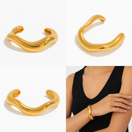 Gold cuff bracelets on a white background with a model wearing one.