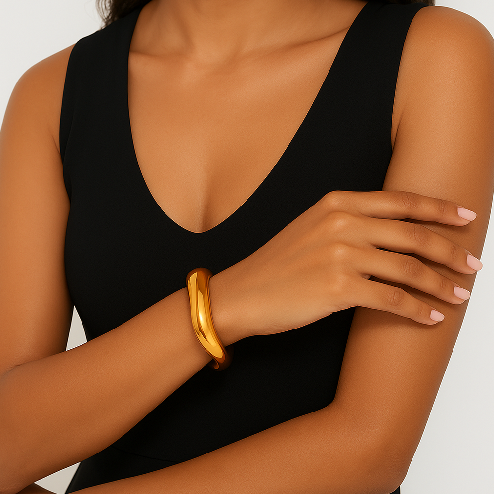 Gold Wave Cuff Bracelet lifestyle wrist Model 05 – stainless steel gold cuff, boutique styling